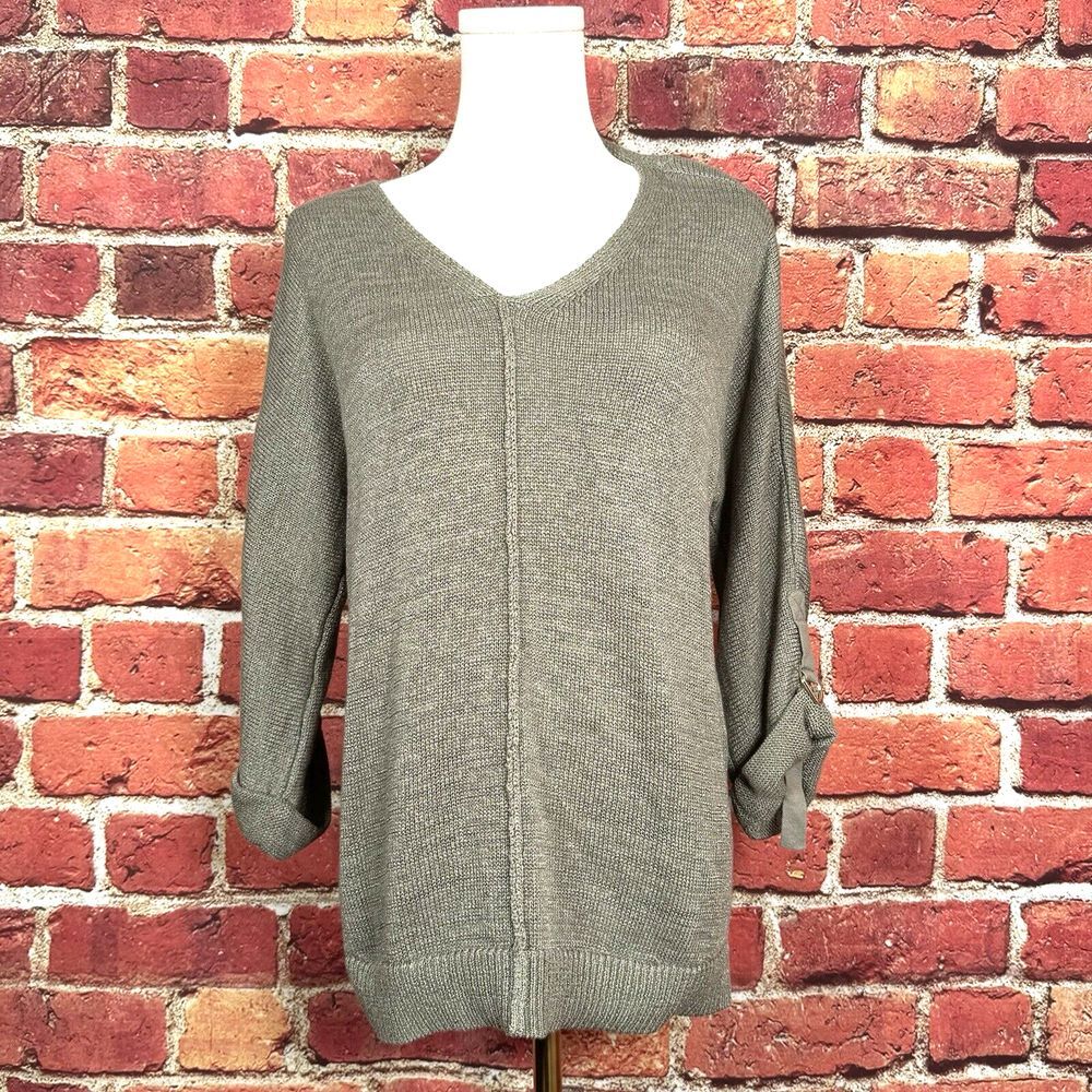 Chico's V-Neck Sweater Olive Green Size 0 (US 4) Cotton‎ Nylon  3/4 Sleeve
